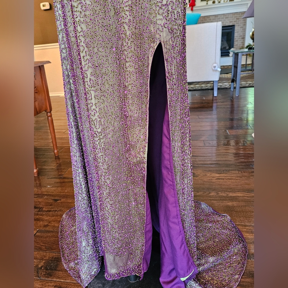 Je Matadi Gown Beaded Silk Fabric Shell Prom Formal Glam Purple Green Dress - Picture 3 of 17